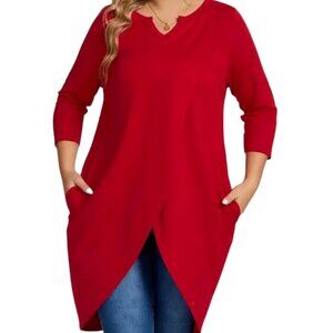 Plus Size Casual Top Solid Long Sleeve Notched Neck Wrap Hem Tunic 1XL-5XL, Red